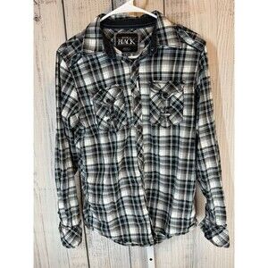 Buckle Black Men’s Shirt Small Slim Fit Snaps Plaid Black White Blue Long Sleeve